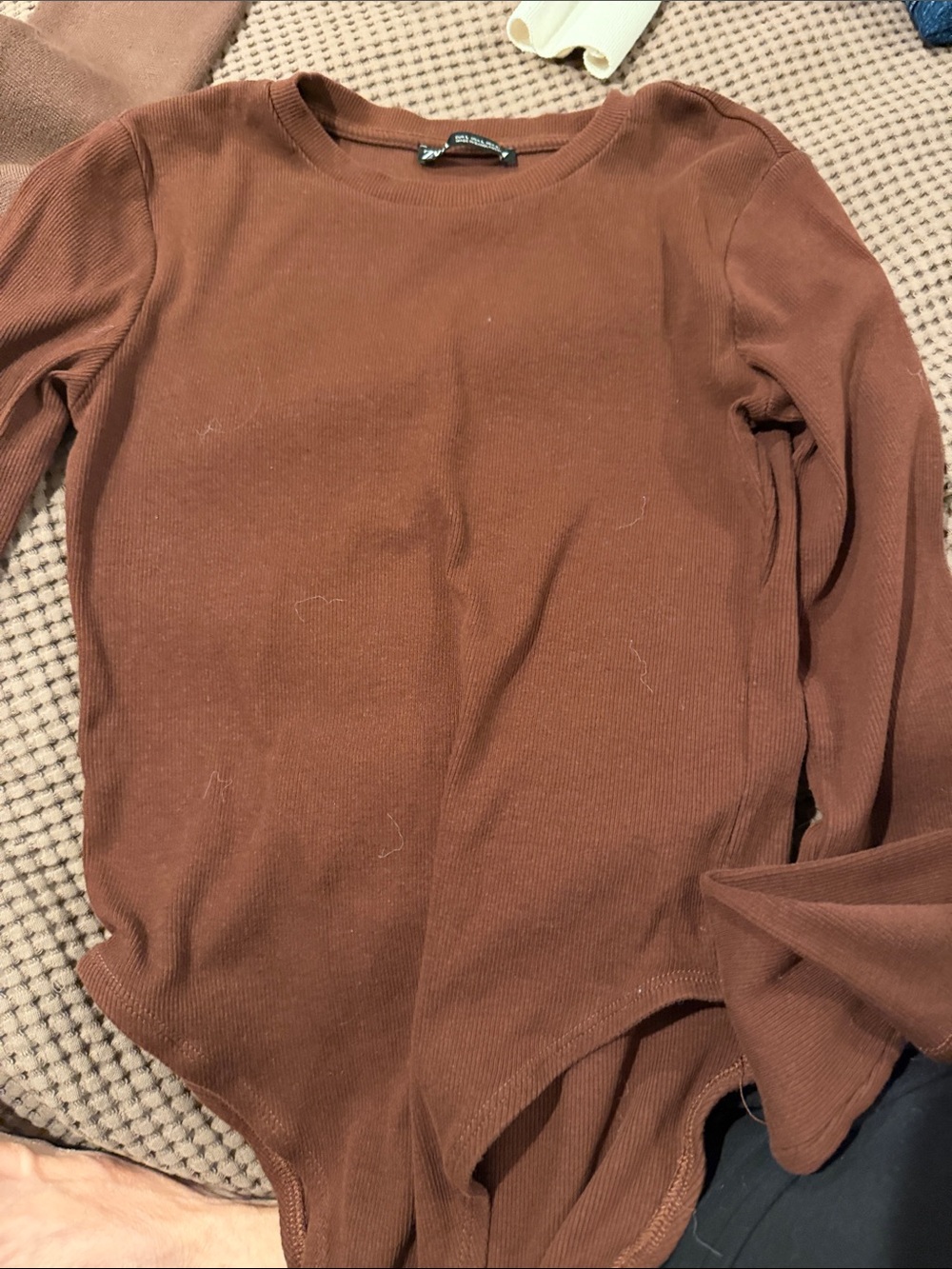 Zara Ribbed Long-Sleeve Crewneck Bodysuit — Chocolate Brown